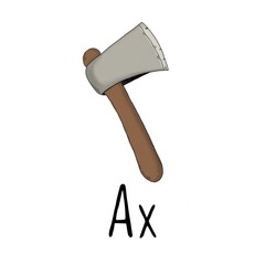 An axe with a brown handle and a gray blade a white background with black lettering