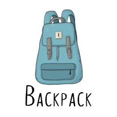 Blue backpack with grey straps a white background with black lettering