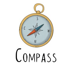 Compass in a yellow case with a red and blue arrow a white background with black lettering