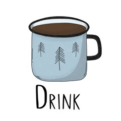 Blue mug with brown drink a white background with black lettering