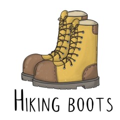 Yellow hiking boots with brown socks a white background with black lettering