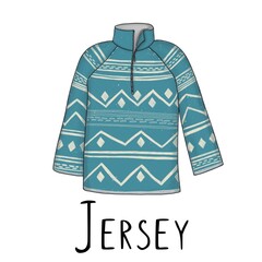 Blue cozy sweater with a white pattern a white background with black lettering