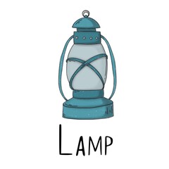 Blue lamp a white background with black lettering