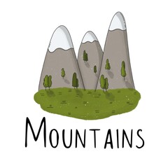 Grey mountains snowy peaks green grass trees a white background with black lettering