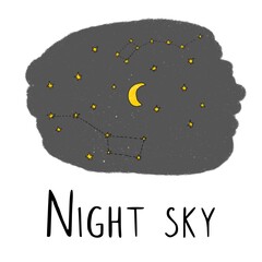 Starry night sky yellow moon a white background with black lettering