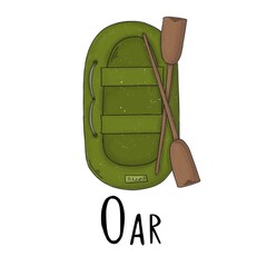 Green boat with two brown oars a white background with black lettering