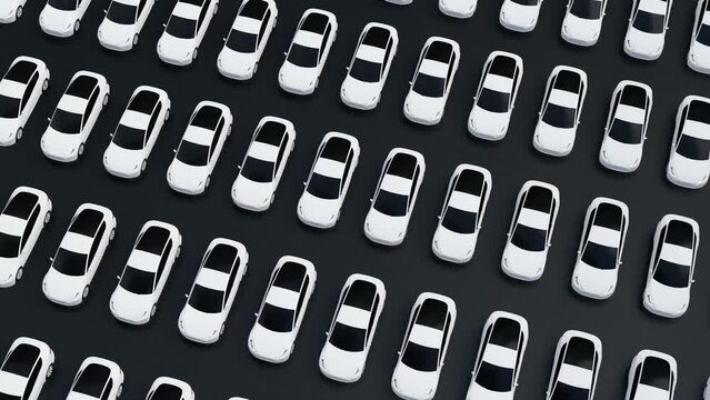 New self driving cars fleet waiting to be exported, large amounts of  electric vehicle in dealership parking lot for sale, dolly shot automotive business 3d animation