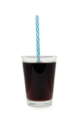 A glass full of cola on a white background