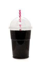 A glass full of cola on a white background