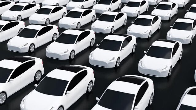 New self driving cars fleet waiting to be exported, large amounts of  electric vehicle in dealership parking lot for sale, dolly shot automotive business 3d animation