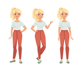 Fototapeta premium Blond Woman Character with Ponytail Wearing Red Pants in Standing Pose Vector Set