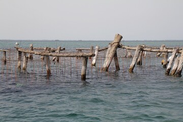 wooden poles at sea, wooden poles at sea, Adriatic Sea, wood, water, Mediterranean Sea, fishing nets, sea trout farming