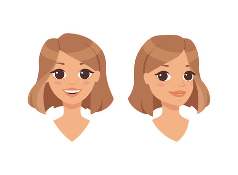Pretty Woman Character Face with Short Haircut with Different Emotion Vector Set