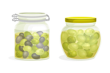 Olives in Canned Jar as Marinated and Preserved Food Vector Set