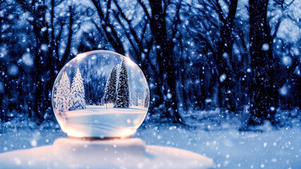 Fototapeta na wymiar Glas Schneekugel mit weihnachtlichem Aufbau Schnee und Landschaft Digital Art
