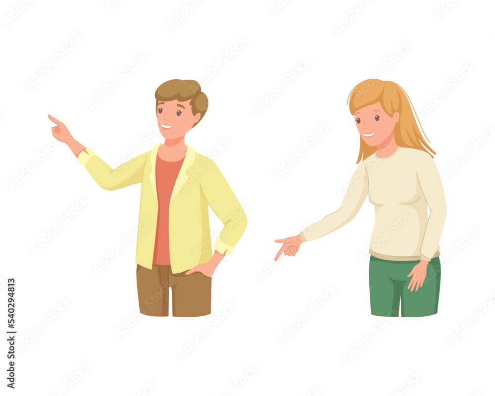 Poster man and woman character indicating something pointing with index finger as hand gesture vector set