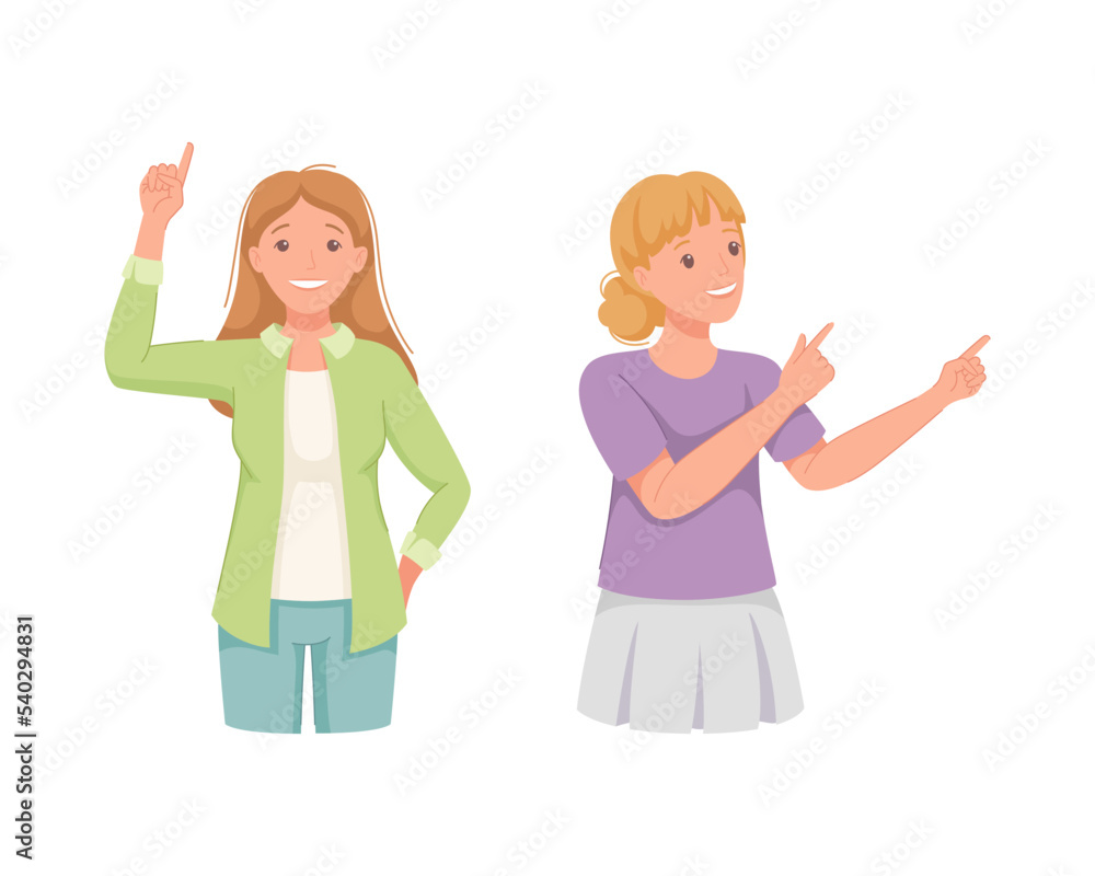Poster woman character indicating something pointing with index finger as hand gesture specifying direction
