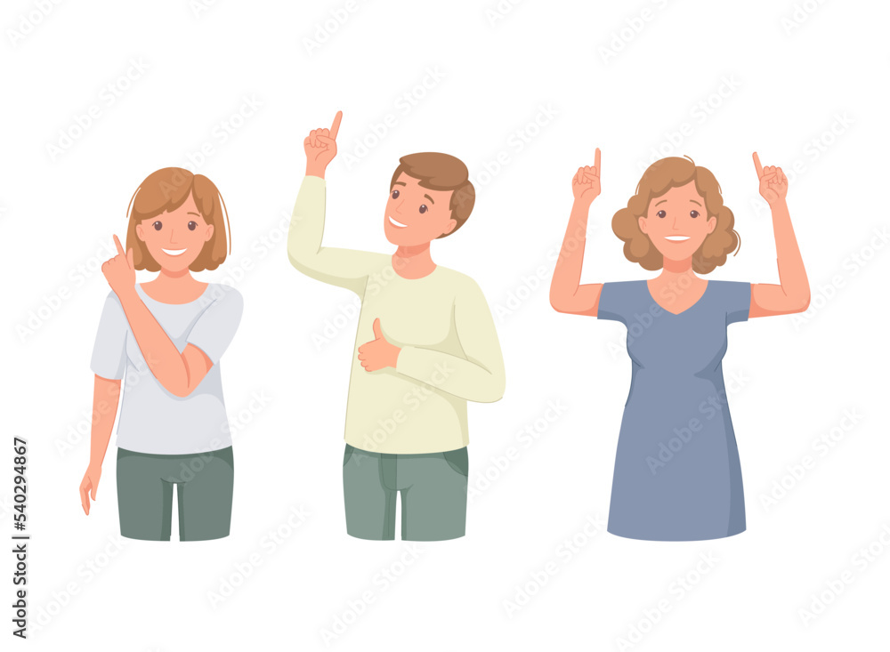Poster man and woman character indicating something pointing with index finger as hand gesture vector set