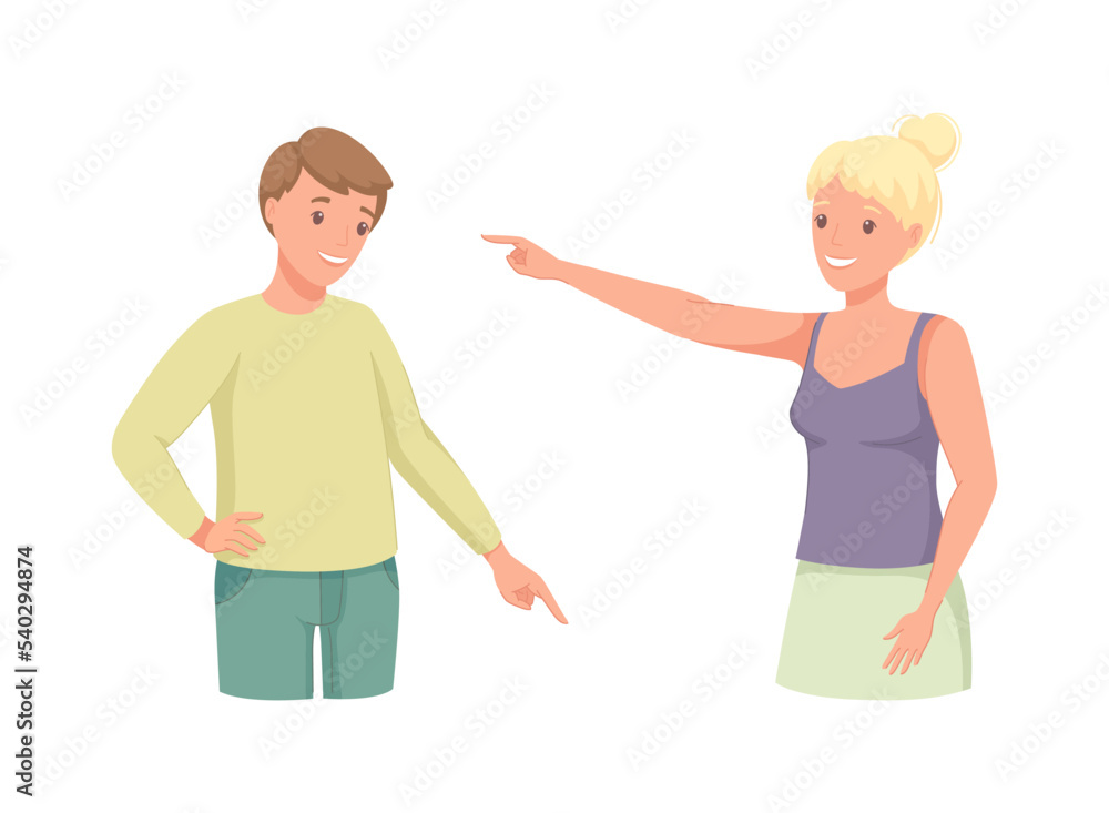 Poster man and woman character indicating something pointing with index finger as hand gesture vector set