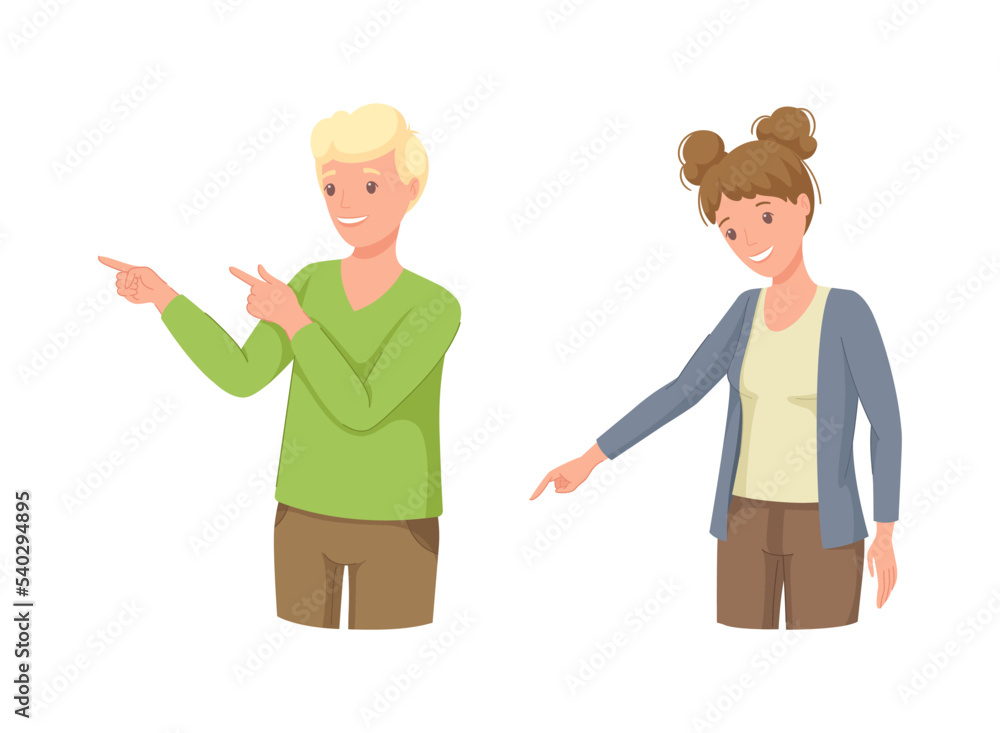 Poster man and woman character indicating something pointing with index finger as hand gesture vector set