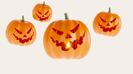 3D render of four orange halloween pumpkin isolated on white background, halloween concept