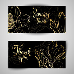 Floral baners. Hand drawn vector botanical illustration. Template greeting card, wedding invitation banner with spring flowers. Golden sketch magnolia blossom. Engraved style illustration