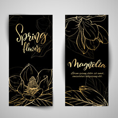 Floral baners. Hand drawn vector botanical illustration. Template greeting card, wedding invitation banner with spring flowers. Golden sketch magnolia blossom. Engraved style illustration