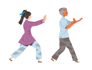 Man and Woman Character Practicing Tai Chi and Qigong Exercise Vector Set