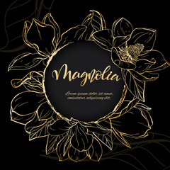 Golden sketch magnolia blossom with black background