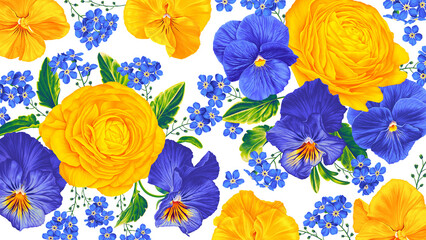 Large floral Realistic background with yellow and blue flowers of ranunculus, pansies, forget-me-not in wallpaper for desktop computer, tablet, phone, social media posts, prints for clothes. 