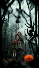 Fototapeta na wymiar Creepy Halloween scene with spiders crawling in front and a old haunted cabin in the back with pumpkins and lanterns around, mysterious wood house building in a forest early morning fog