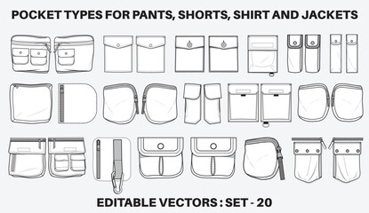 Fototapeta Patch pocket flat sketch vector illustration set, different types of Clothing Pockets for jeans pocket, denim, sleeve arm, cargo pants, dresses, bag, garments, Clothing and Accessories obraz