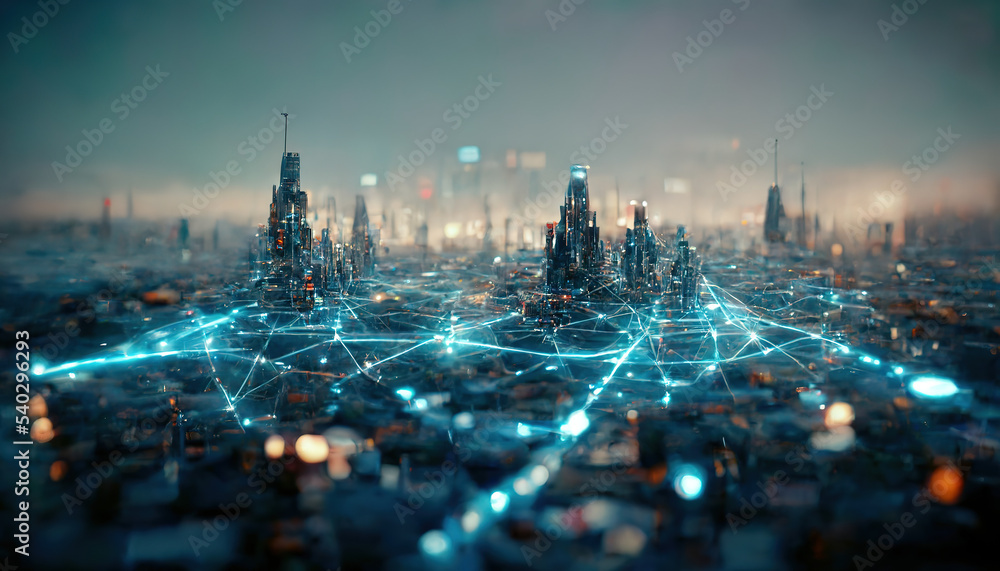 Poster the concept of high-speed internet connection visualized as glowing cable webs sending digital data 