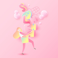 Shopping pink background. Sale, Shopping cart,Expression, Shopping bags, Woman, Happy.