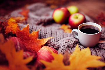 Knitted winter scarf, apples and hot coffee, on a wooden table,  Autumn composition