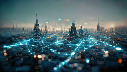 The concept of high-speed internet connection visualized as glowing cable webs sending digital data over spectacular futuristic cyberpunk cityscape with skyscrapers. Digital art 3D illustration. - obrazy, fototapety, plakaty