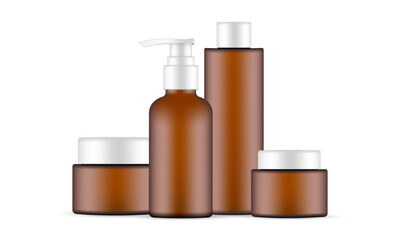 Amber Cosmetic Packing Set: Pump, Shampoo Bottles and Jars, Isolated on White Background. Vector Illustration
