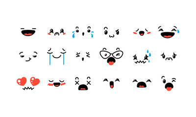 Various Cartoon Emoticons Set. Doodle faces, eyes and mouth. Caricature comic expressive emotions, smiling, crying and surprised character face expressions