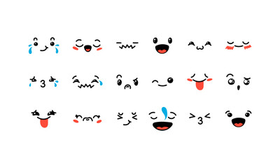 Various Cartoon Emoticons Set. Doodle faces, eyes and mouth. Caricature comic expressive emotions, smiling, crying and surprised character face expressions