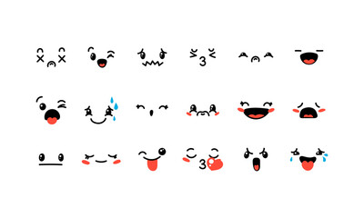 Various Cartoon Emoticons Set. Doodle faces, eyes and mouth. Caricature comic expressive emotions, smiling, crying and surprised character face expressions