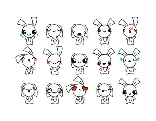 Set of Rustic Rabbits with Emoticons. Doodle faces, eyes and mouth. Caricature comic expressive emotions, smiling, crying and surprised character face expressions