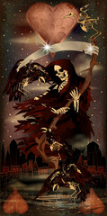 Halloween poker hearts card Grim Reaper with crow skeleton in night city , vector illustration