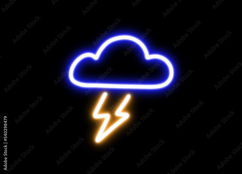 Poster thunder cloud in neon light for design element. orange and blue bulb neon light isolated background
