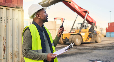 Black man engineer, checklist and container manager planning distribution, shipping and delivery logistics. African supply chain stock and cargo worker on walkie talkie for freight industry business - obrazy, fototapety, plakaty
