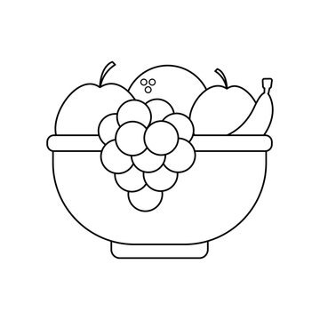 Bowl with fruilts. Simple vector linear icon with outline isolated on white background. contour black and white drawing of fruit plate for coloring. Grape, apple, banana, orange icon.