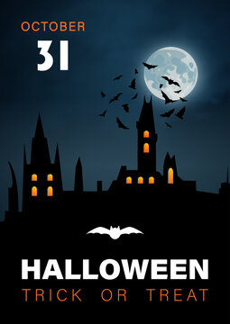Halloween vertical background with haunted house and full moon.
