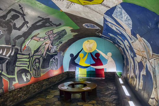 National Picasso Museum: &rdquo;War and Peace&rdquo; by Picasso in the Chateau de Vallauris chapel. Picasso monumental painting was crafted on panels of hardboard. Vallauris, France. September 3, 2022.