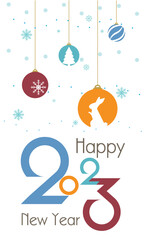 Illustration of 2023 New year greeting card. Typeface number logo design for celebrate 2023 new year, calendar and symbol of Christmas balls with shape of rabbit, snow flex and Christmas tree. 