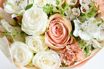 Bouquet of flowers. Beautiful flowers for valentines and wedding scene. Valentines and 8 March Mother Women's Day concept.