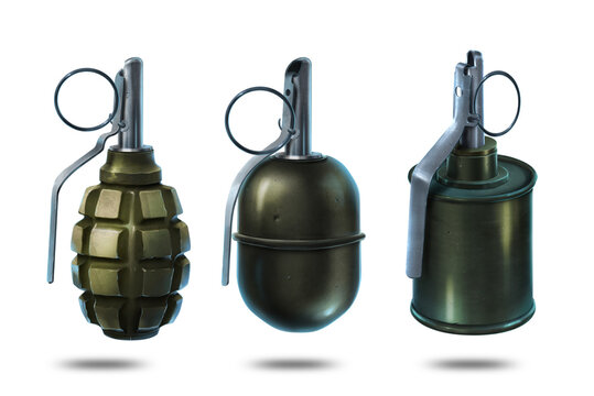 Collection of grenades F-1, RGD-5, RG-42. Digital graphics.
